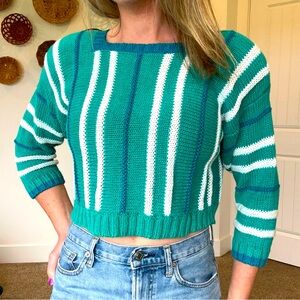 Vintage •S• Crop Cotton/Ramie Blend Striped Long Sleeve Square Neck Sweater
